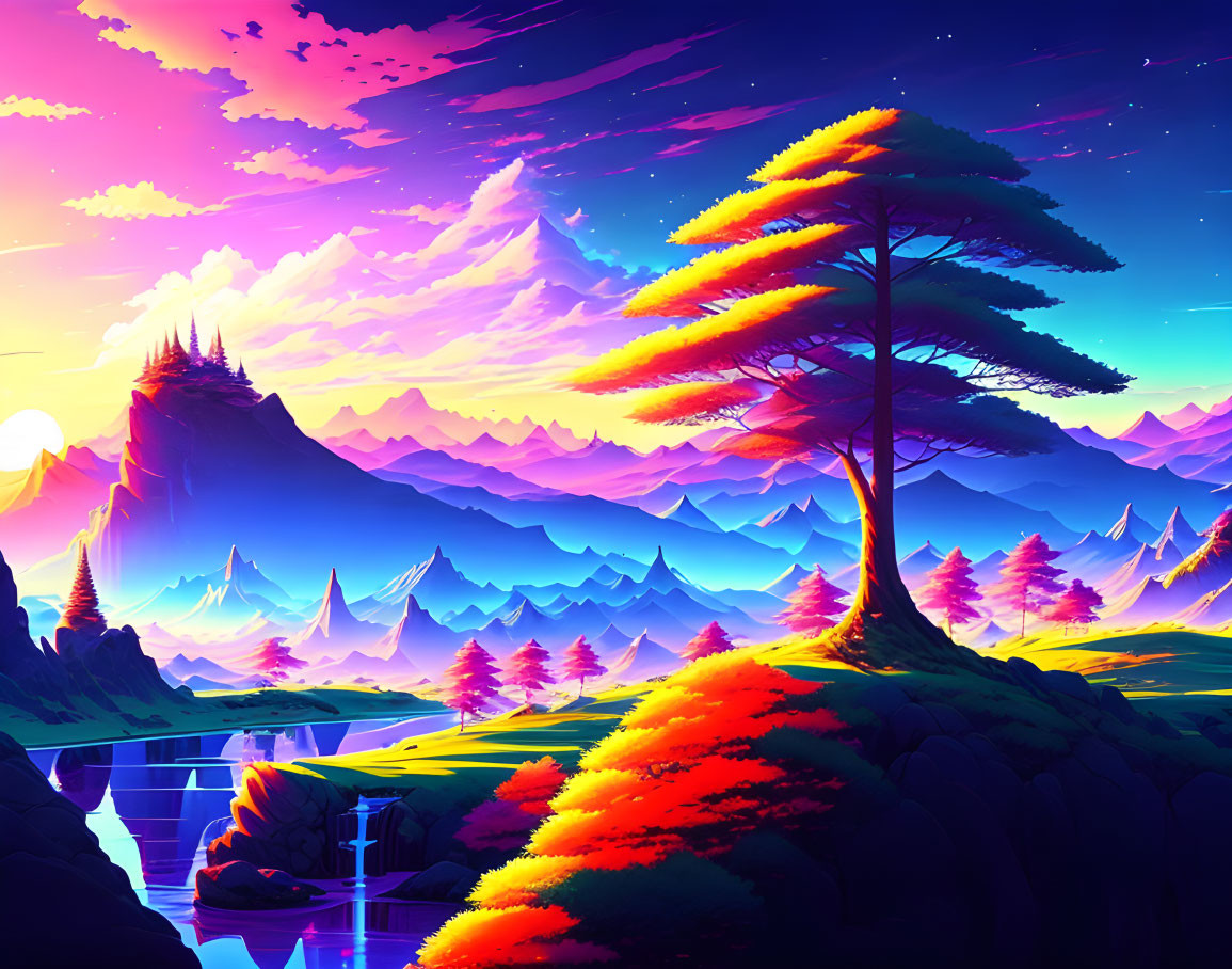 Colorful Tree in Digital Art Landscape with Sunset Sky