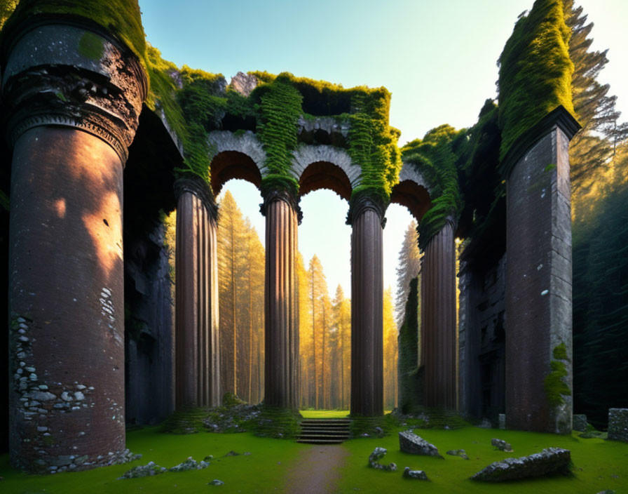 Ancient columns covered in green foliage in a forest setting