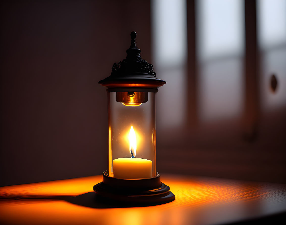 Vintage lantern with glowing candle on wooden surface in dusky setting