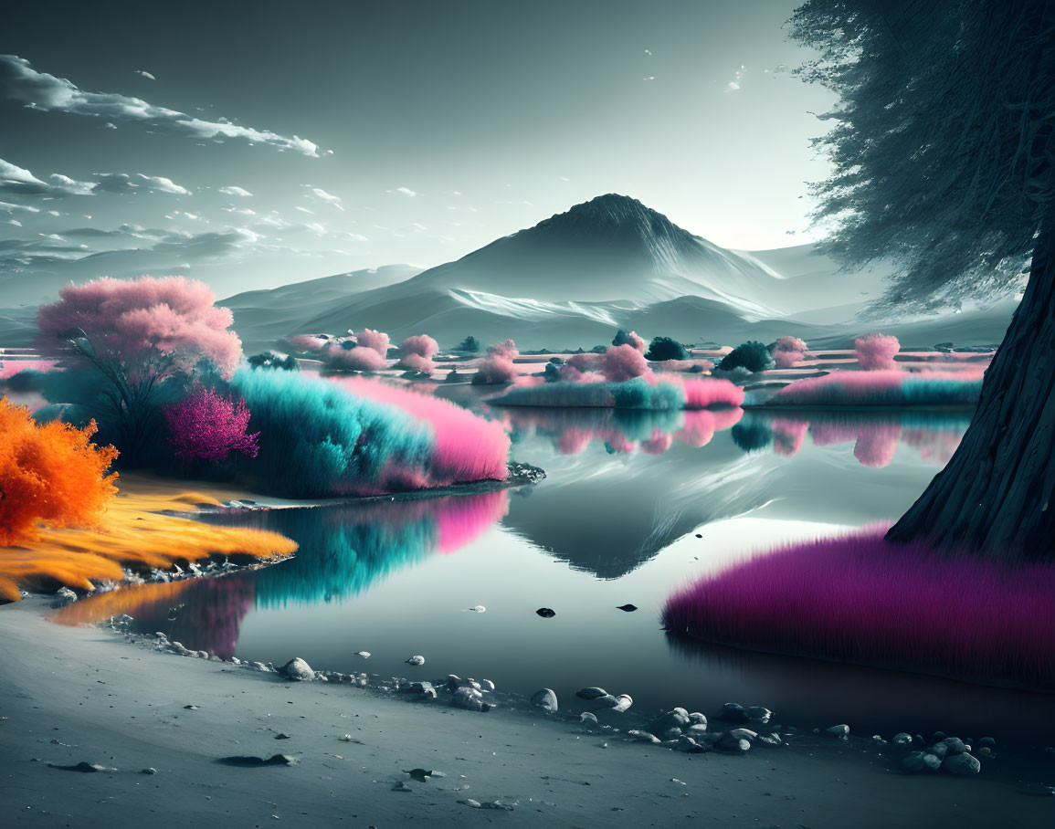 Vibrant colored trees, calm river, and serene mountains in surreal landscape