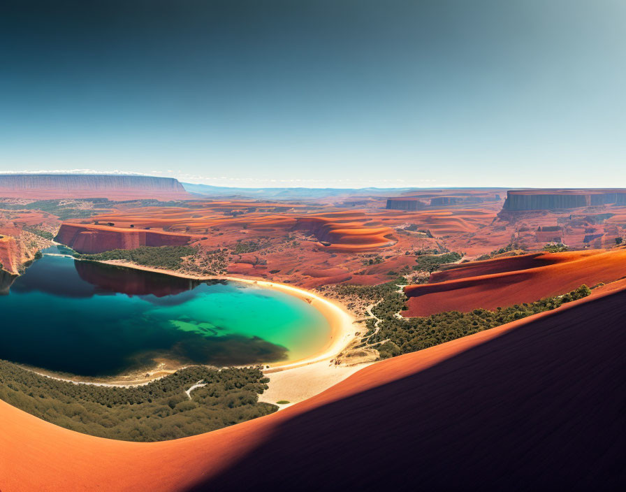 Desert landscape with blue lake, orange sand dunes, and rocky plateau
