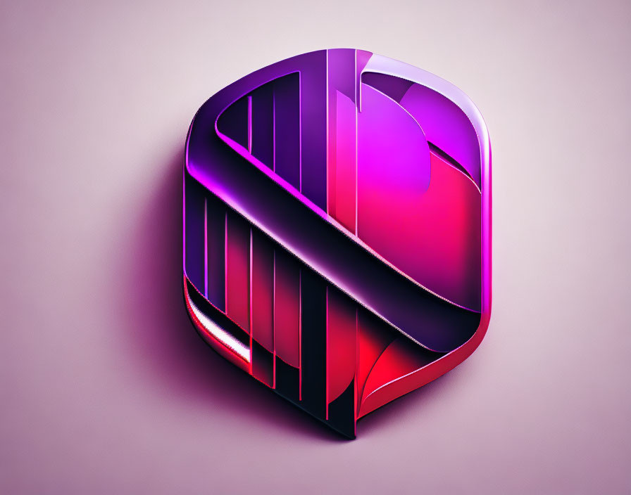 Metallic 3D logo with purple-pink gradient and abstract shapes on soft background