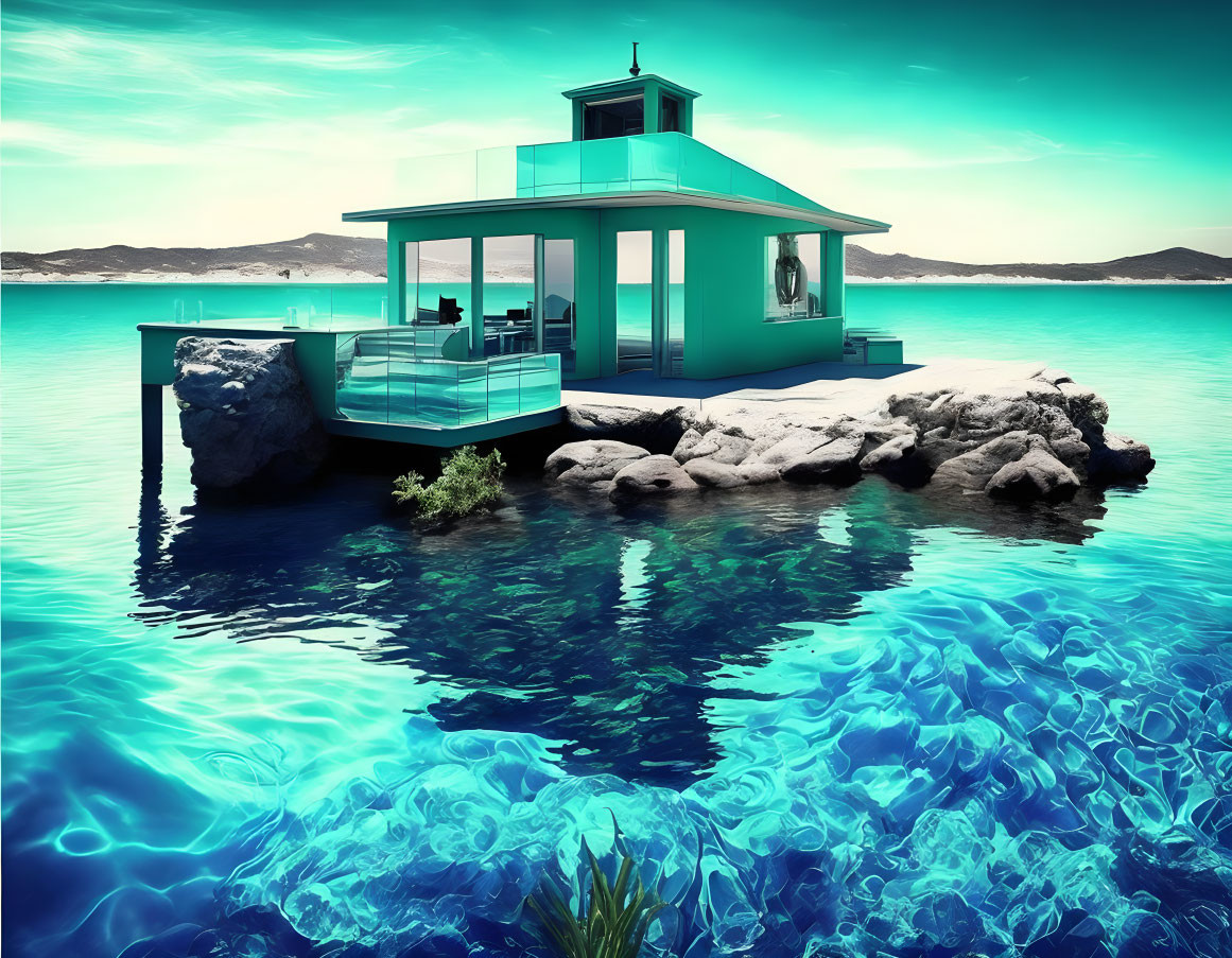 Modern green house on rocky outcrop in serene blue sea.