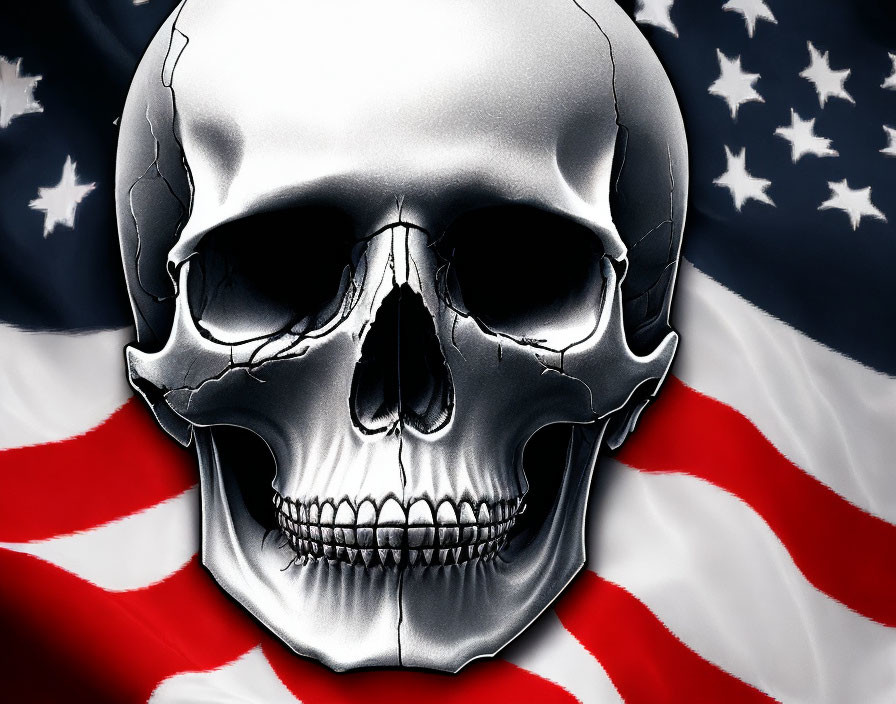 Metallic skull on American flag with rippled background