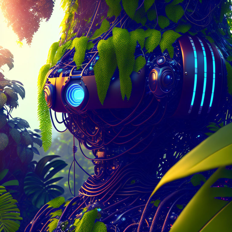 Intricate robotic head with glowing blue lights in lush green setting