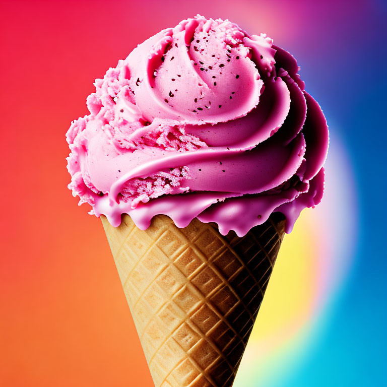 Colorful Pink Swirl Ice Cream Cone on Rainbow Background