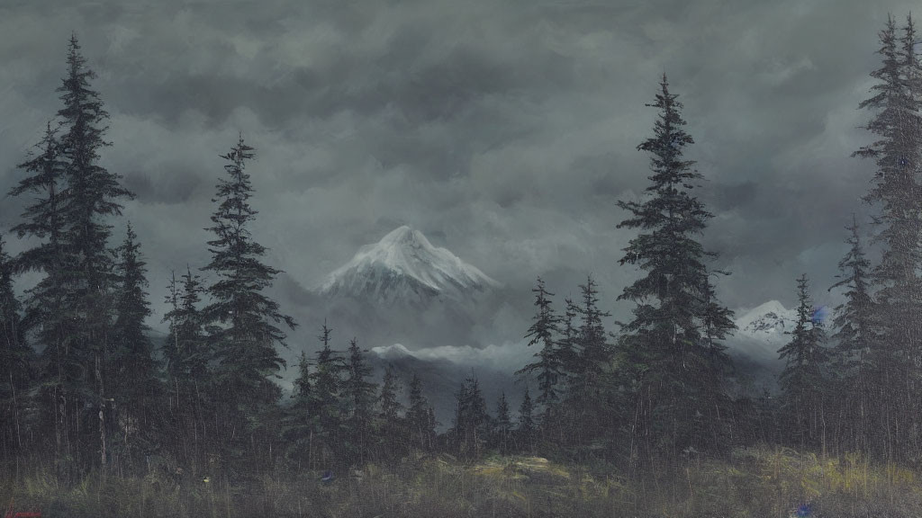 Stormy Sky Over Snow-Capped Mountain and Evergreen Trees