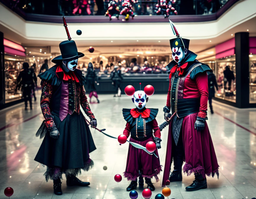 Three people in elaborate clown costumes performing in a festive shopping mall