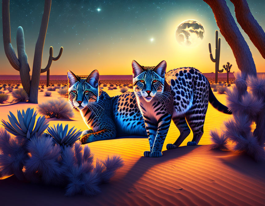 Stylized illustrated ocelots under starry desert sky