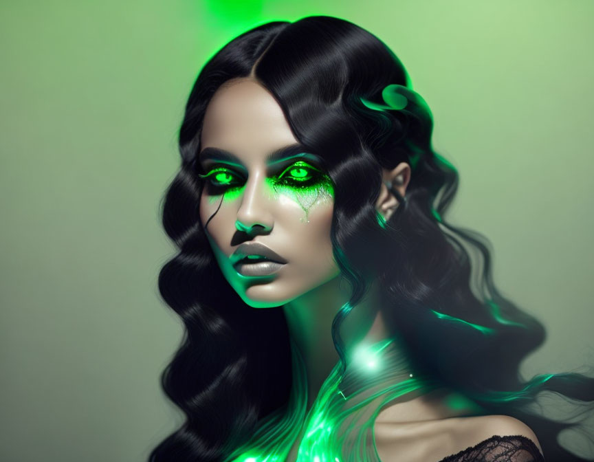 Portrait of woman with glowing green eyes and emerald tears on green background