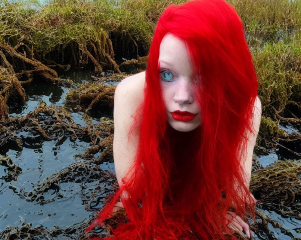 Striking red hair and bold makeup in dark, twisted roots near water