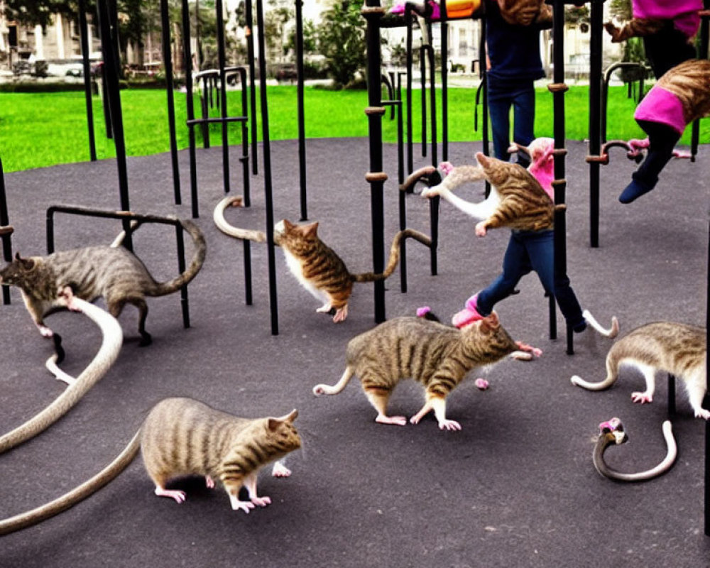 Surreal playground scene with children wearing cat heads