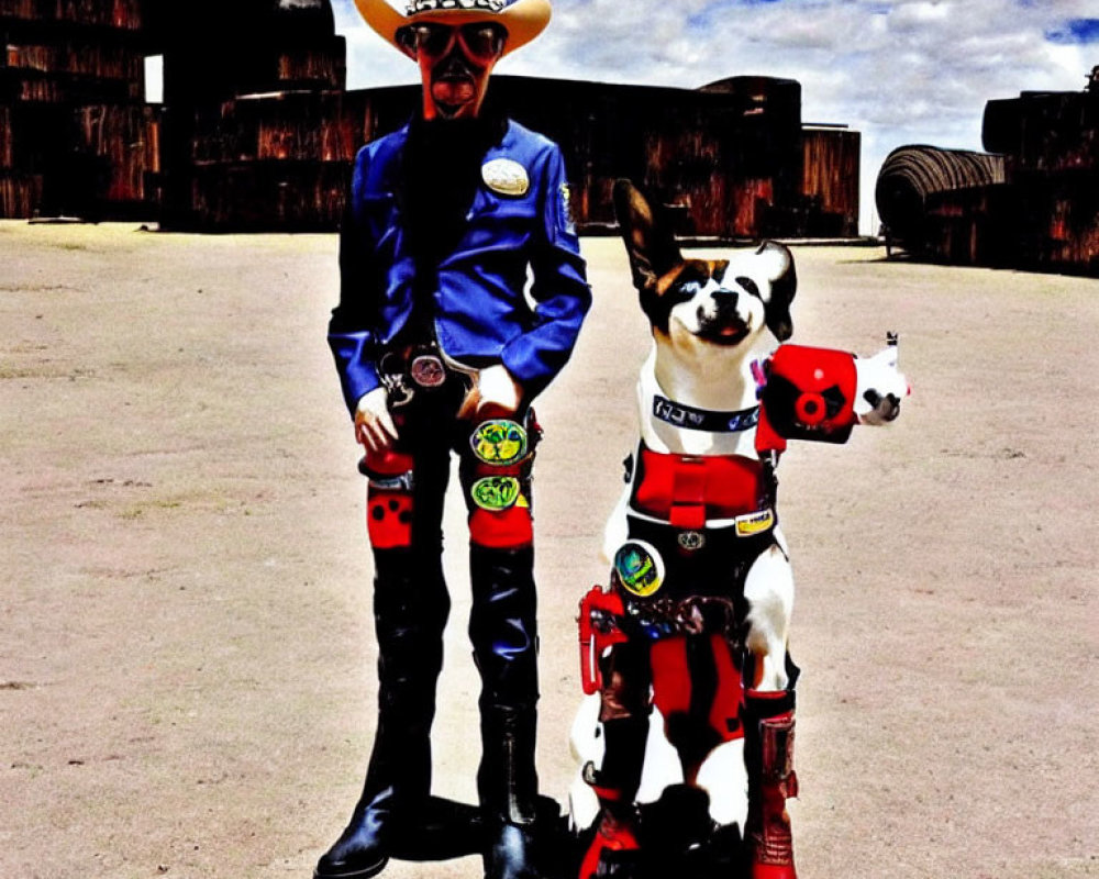 Person and dog in cowboy attire under sunny sky with barrels.