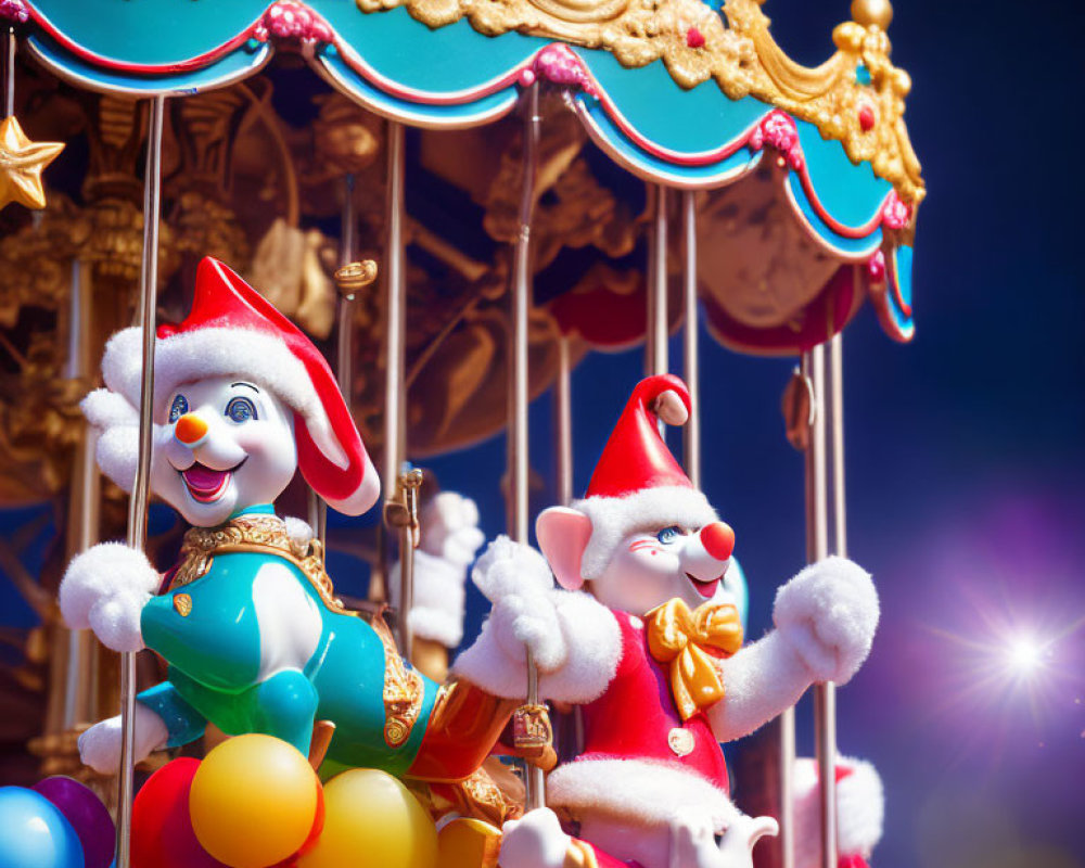 Colorful Christmas-themed carousel with bunny in Santa outfit on horse against blue sky