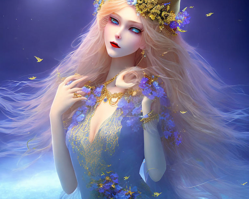 Ethereal woman with golden flowers in hair against moonlit backdrop