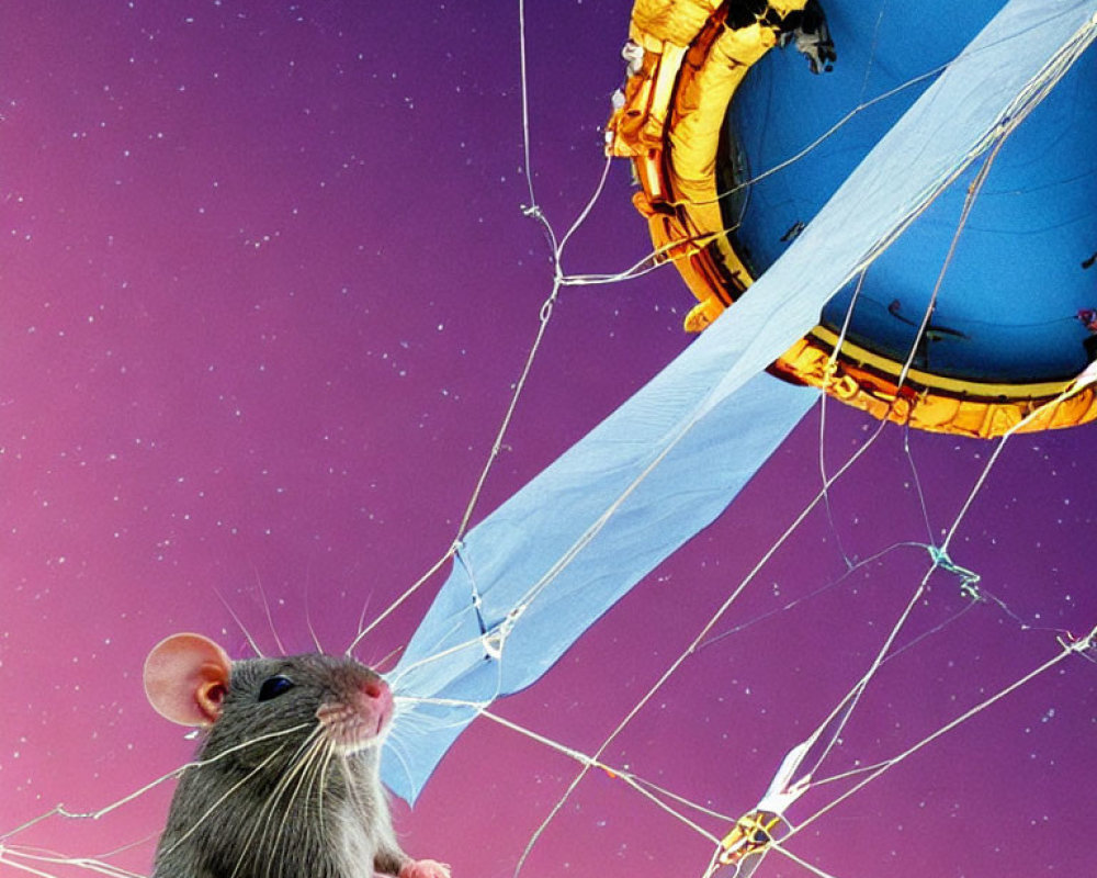 Rat with blue and gold hot air balloon in starry sky