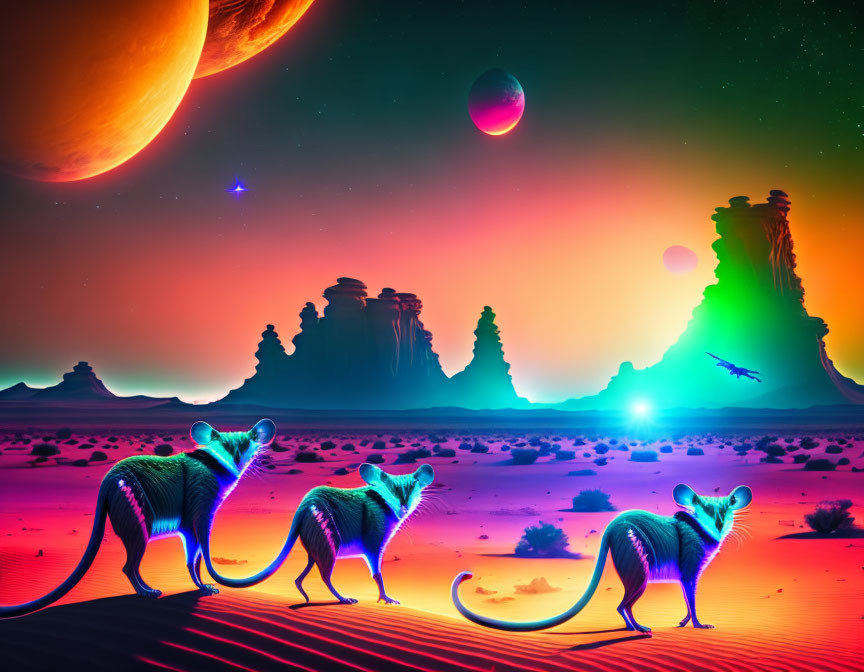 Blue-striped kangaroo-like creatures in desert with alien rock formations and planets in sky