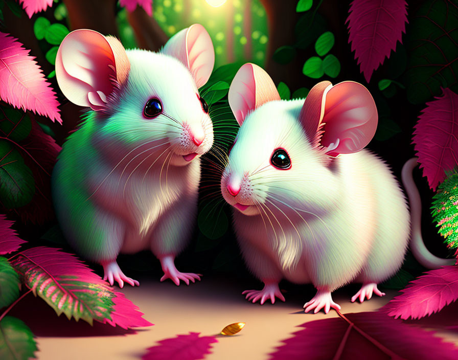 Cartoon mice in vibrant leafy setting with golden seed