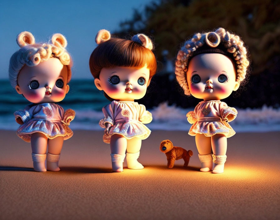 Three dolls with big eyes and curly hair in white dresses on a sandy beach with a teddy bear