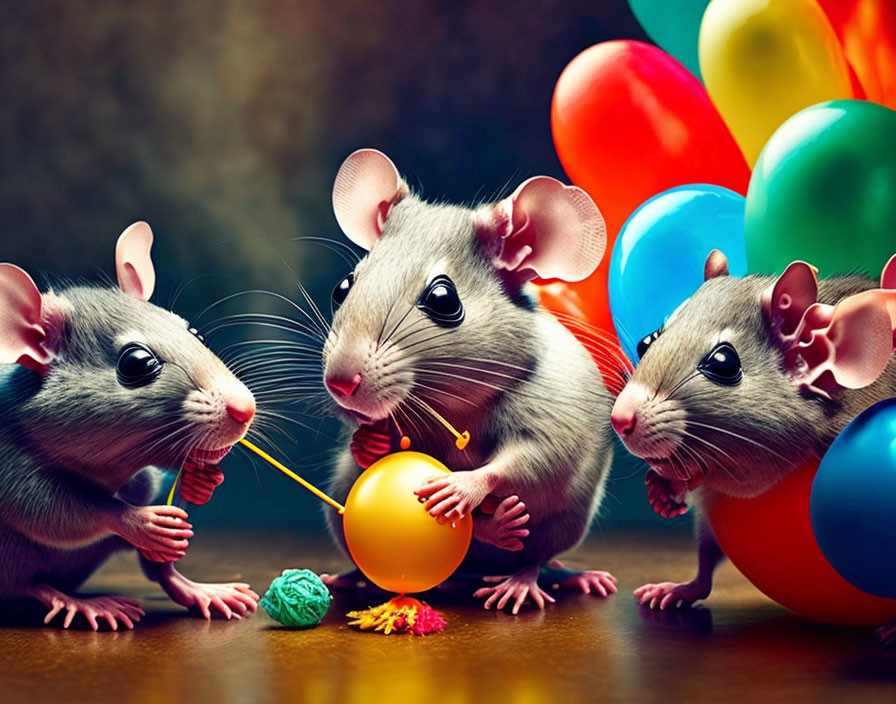 Three rats with colorful balloons and a yellow ball in playful scene.