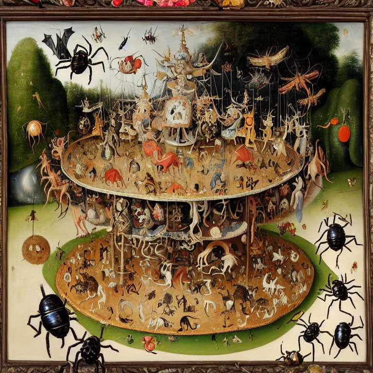 Detailed painting of fantastical carousel with hybrid creatures and oversized insects