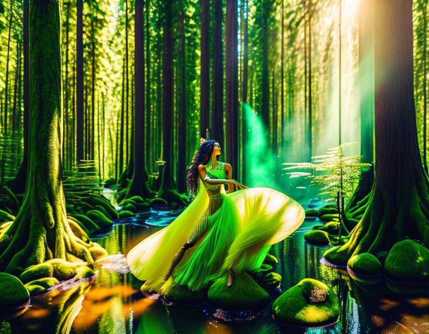 Woman in Yellow Dress Surrounded by Sunlit Forest and Reflective Water