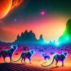 Blue-striped kangaroo-like creatures in desert with alien rock formations and planets in sky