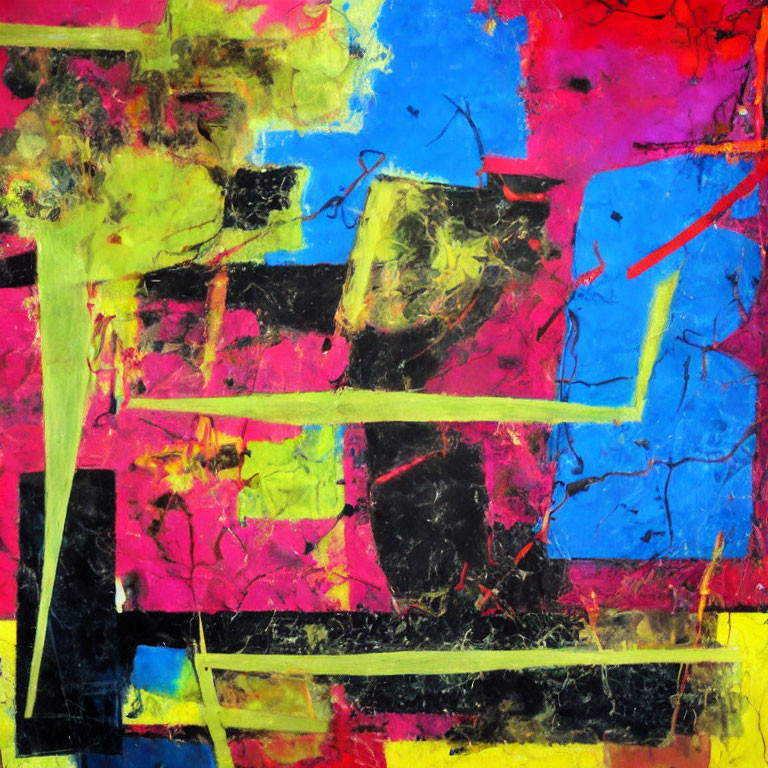 Vibrant Abstract Painting: Blue, Pink, Black, Yellow Palette