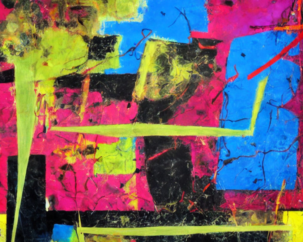 Vibrant Abstract Painting: Blue, Pink, Black, Yellow Palette