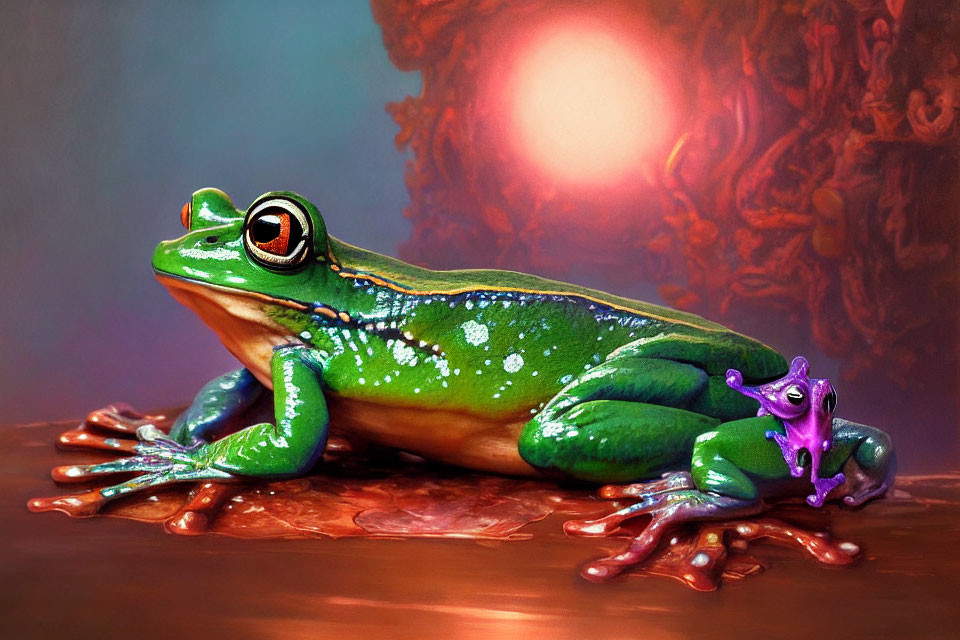 Colorful Green Frog with Purple Companion on Ornate Background