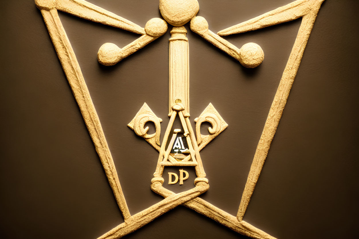 Intricate golden square and compasses symbol on dark background