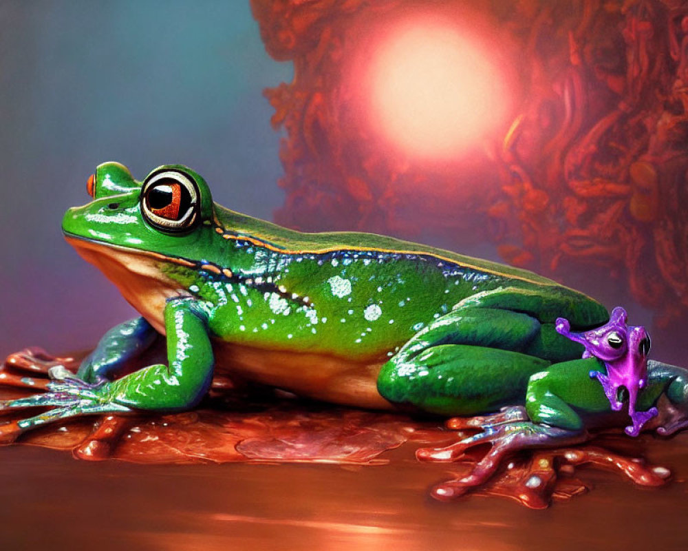 Colorful Green Frog with Purple Companion on Ornate Background