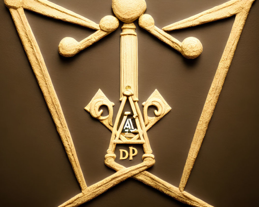 Intricate golden square and compasses symbol on dark background