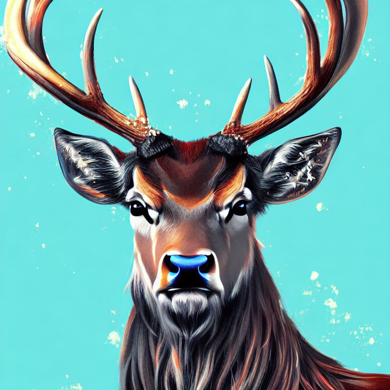 Detailed digital painting of majestic stag with prominent antlers and piercing eyes on teal background