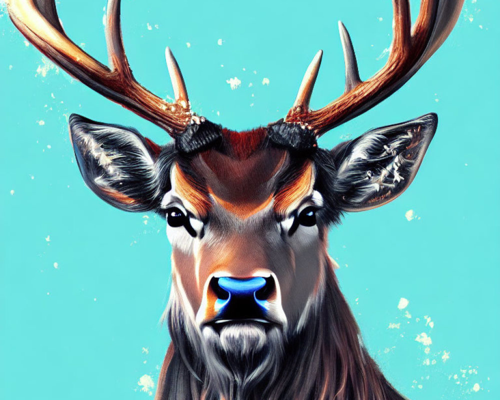 Detailed digital painting of majestic stag with prominent antlers and piercing eyes on teal background