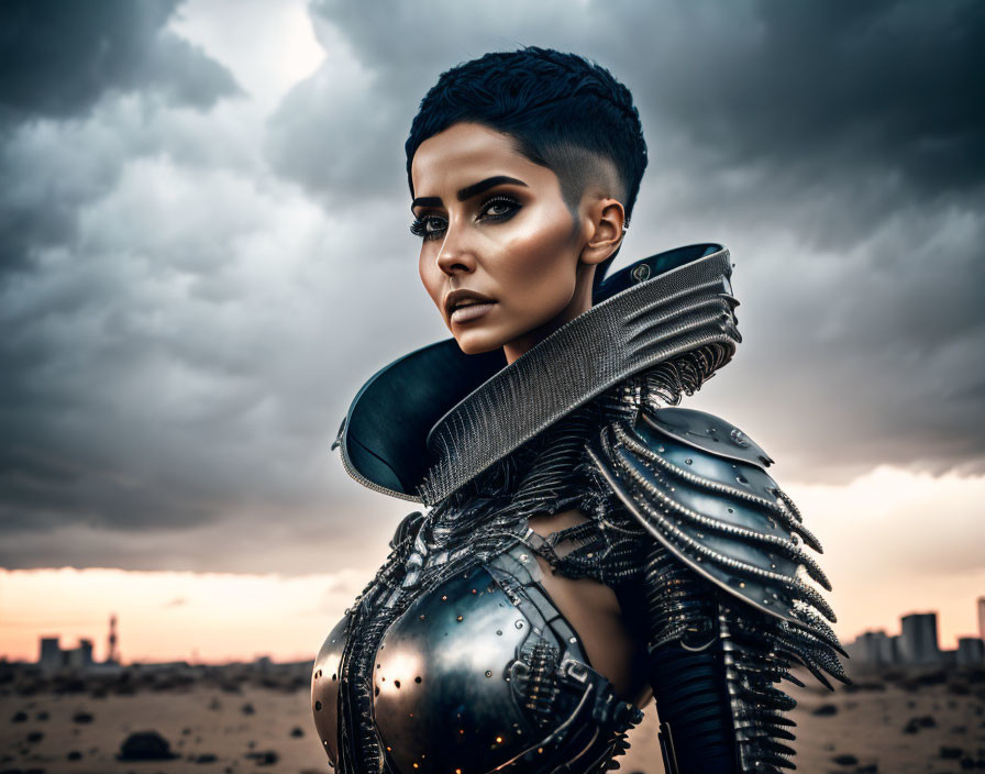 Bold makeup woman in spiked shoulder futuristic armor under dramatic sky