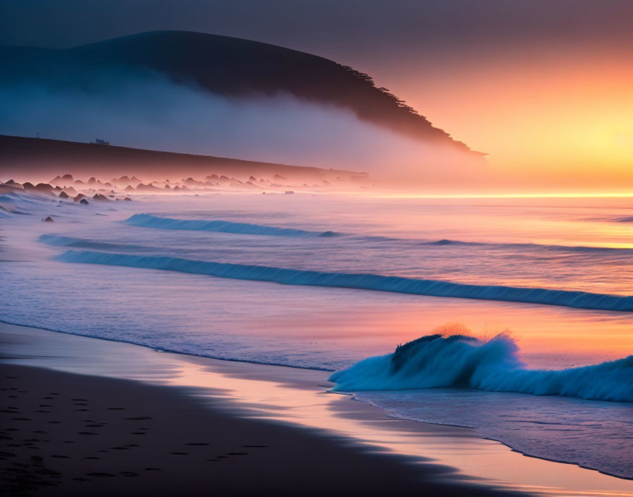 Tranquil beach sunset with colorful sky and hazy mountain view