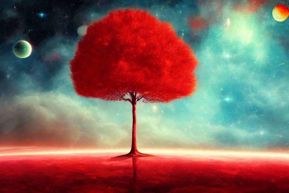 Vibrant red tree against cosmic backdrop with stars and nebulae