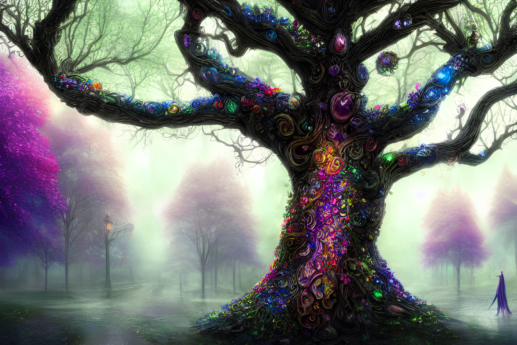 Colorful gem-adorned tree in mystical park with purple foliage