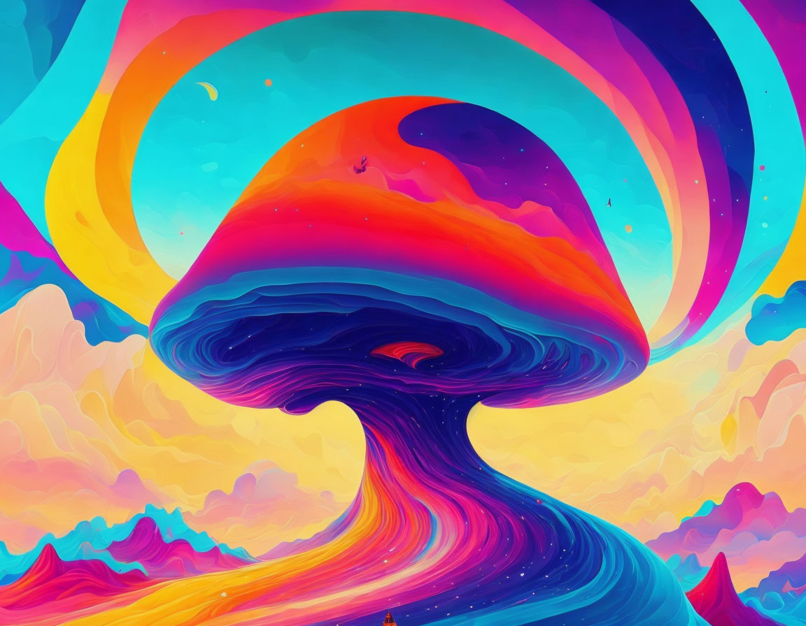 Colorful digital artwork: Psychedelic mushroom under rainbow sky