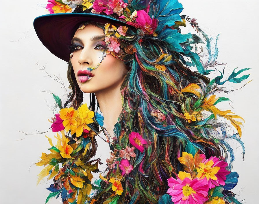 Colorful Floral Hat and Makeup with Vibrant Faux Flowers in Wavy Hair