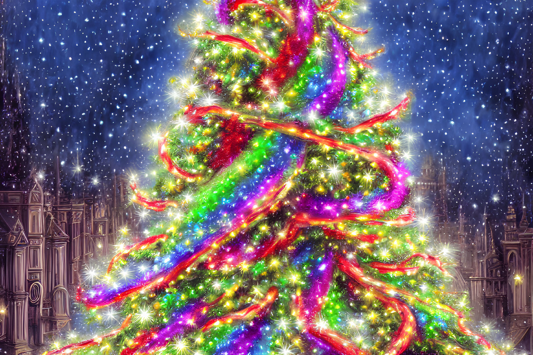 Colorful lights adorn Christmas tree in snowy gothic setting