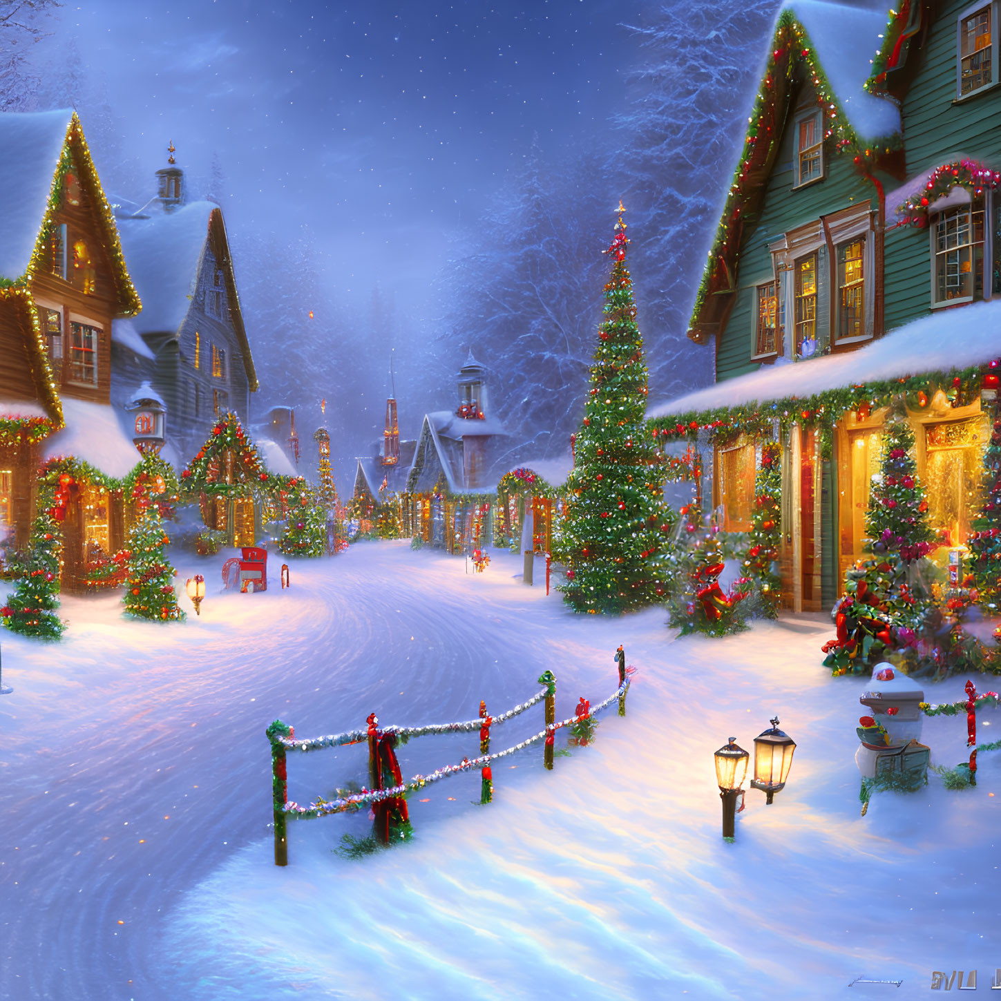 Snow-covered streets, Christmas trees, and illuminated houses in winter twilight