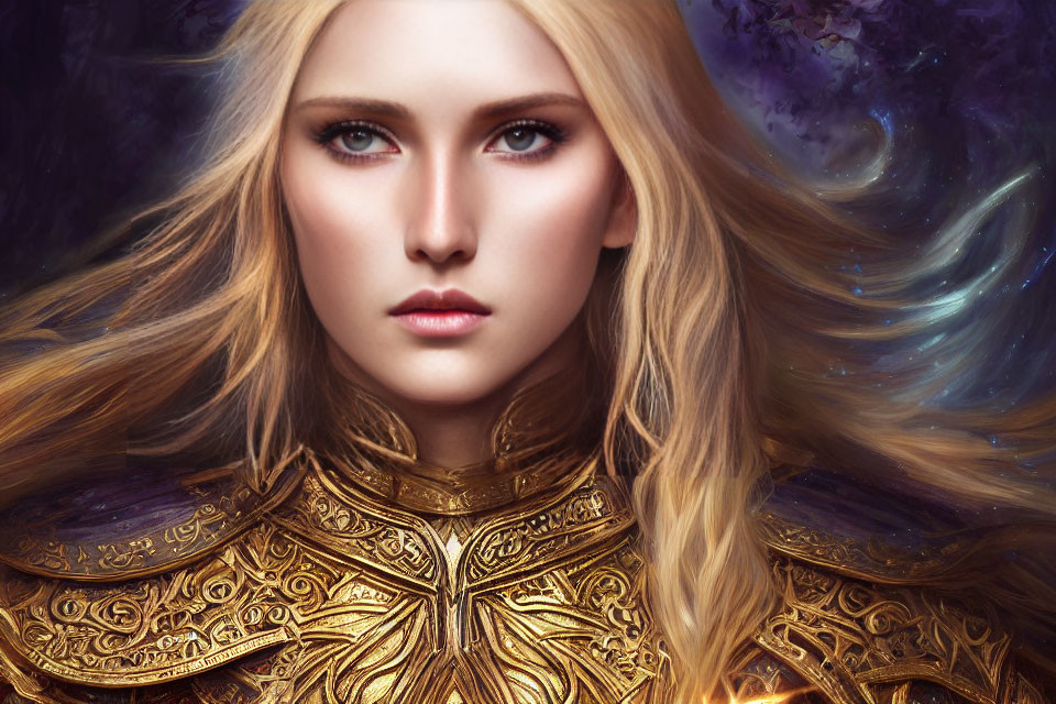 Blonde woman in golden armor with galactic background