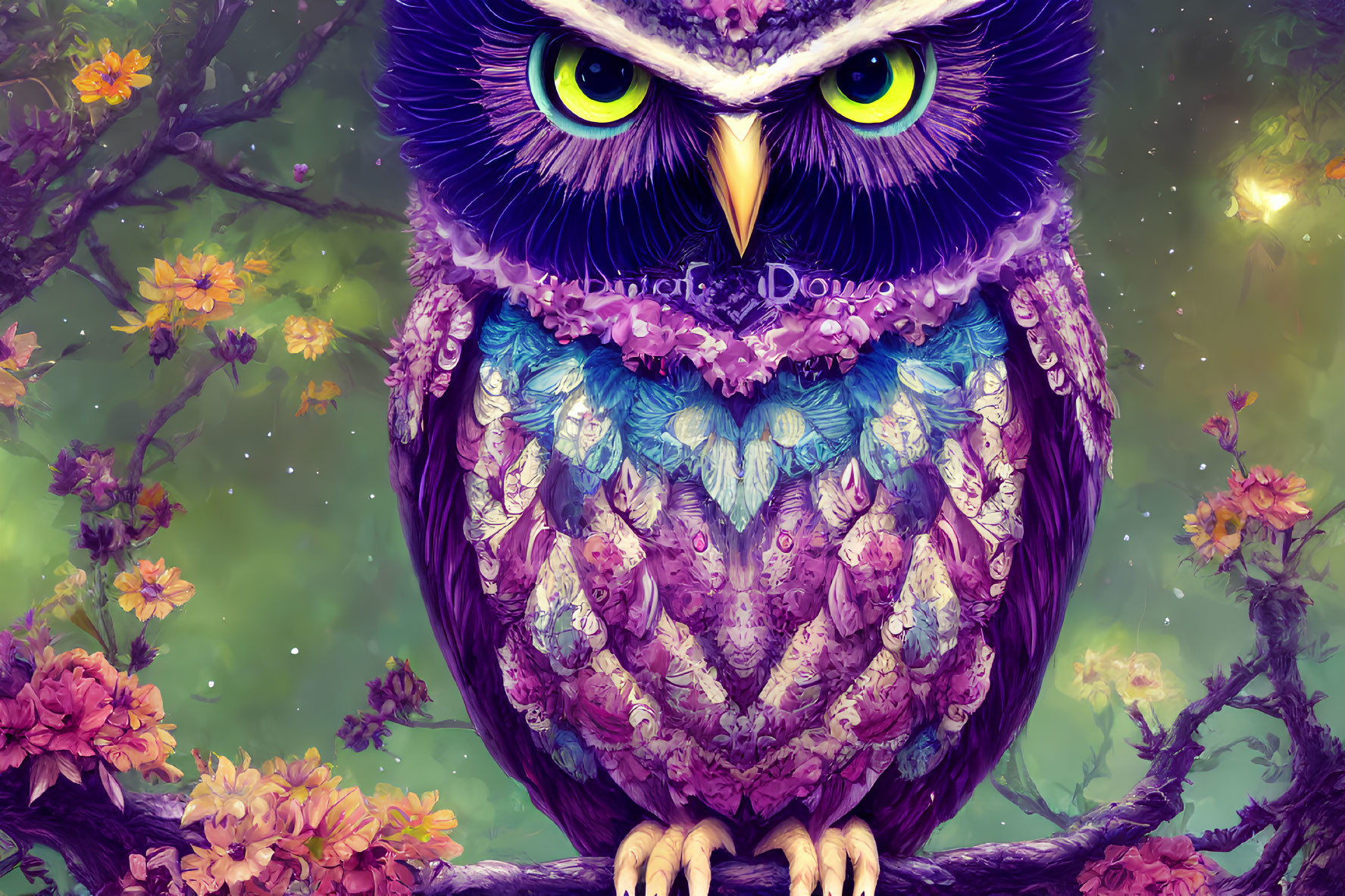 Colorful Digital Art of Stylized Owl Perched on Branch with Pink Blossoms