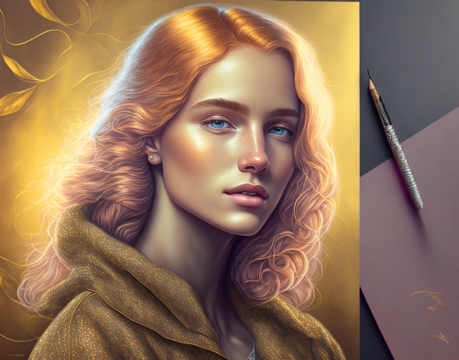 Digital portrait of woman with golden hair & blue eyes in golden coat next to pencil on paper