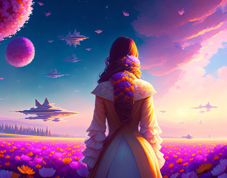 Woman admires surreal sky with floating spheres and aircraft over purple flower field