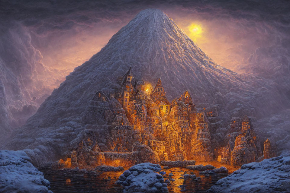 Luminous castle at base of snow-covered mountain under dramatic sky