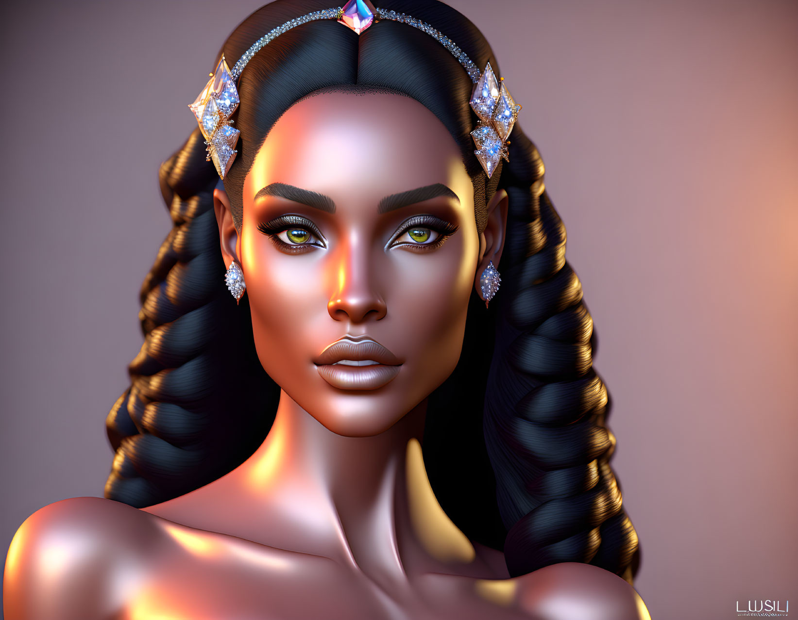 Fantasy-inspired digital artwork of a woman with braided hair and captivating green eyes