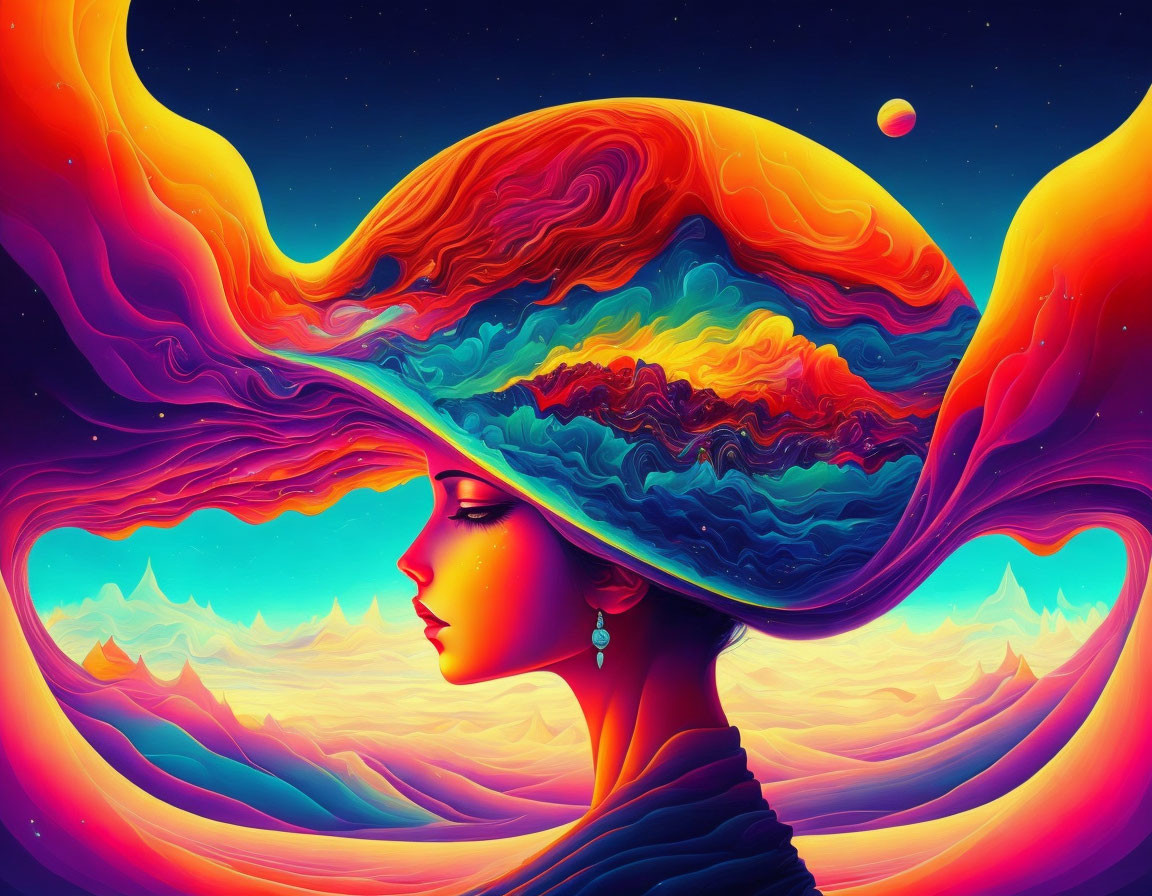 Digital Art: Woman Profile with Flowing Hair in Surreal Landscape